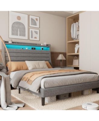 Queen Bed Frame Charging Station Led Lights Upholstered Platform Headboard No Box Spring Easy Build