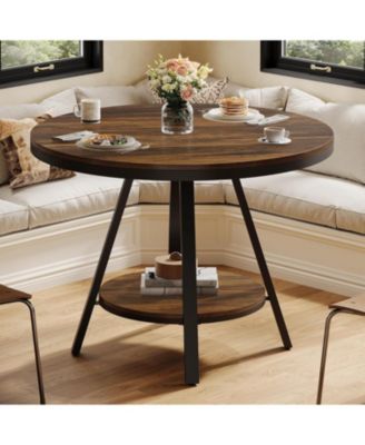 2-Tier Industrial Round Dining Table, Small Kitchen Dinner Table for 2-4 People, 35-Inch Circle Wood Kitchen Table