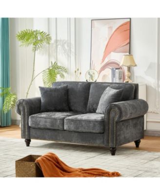 63" Modern 2-Seater Chenille Sofa, Rolled Arms, Nailhead Trim