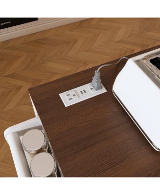 74.8" White Kitchen Island with Extendable Table, Power Outlet & Storage