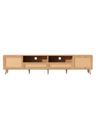Rattan Cabinet TV Stand for TVs up to 90", Modern Farmhouse Media Console with Solid Wood Legs