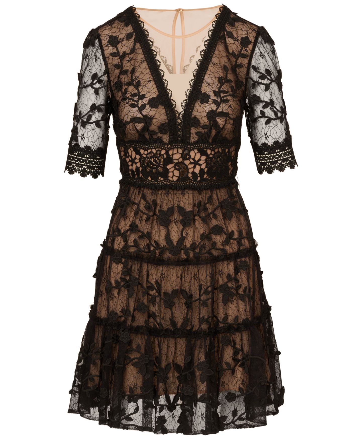 Женское платье Adrianna Papell V-Neck Lace Embroidered, цвет: Чёрный телесный — фото 6