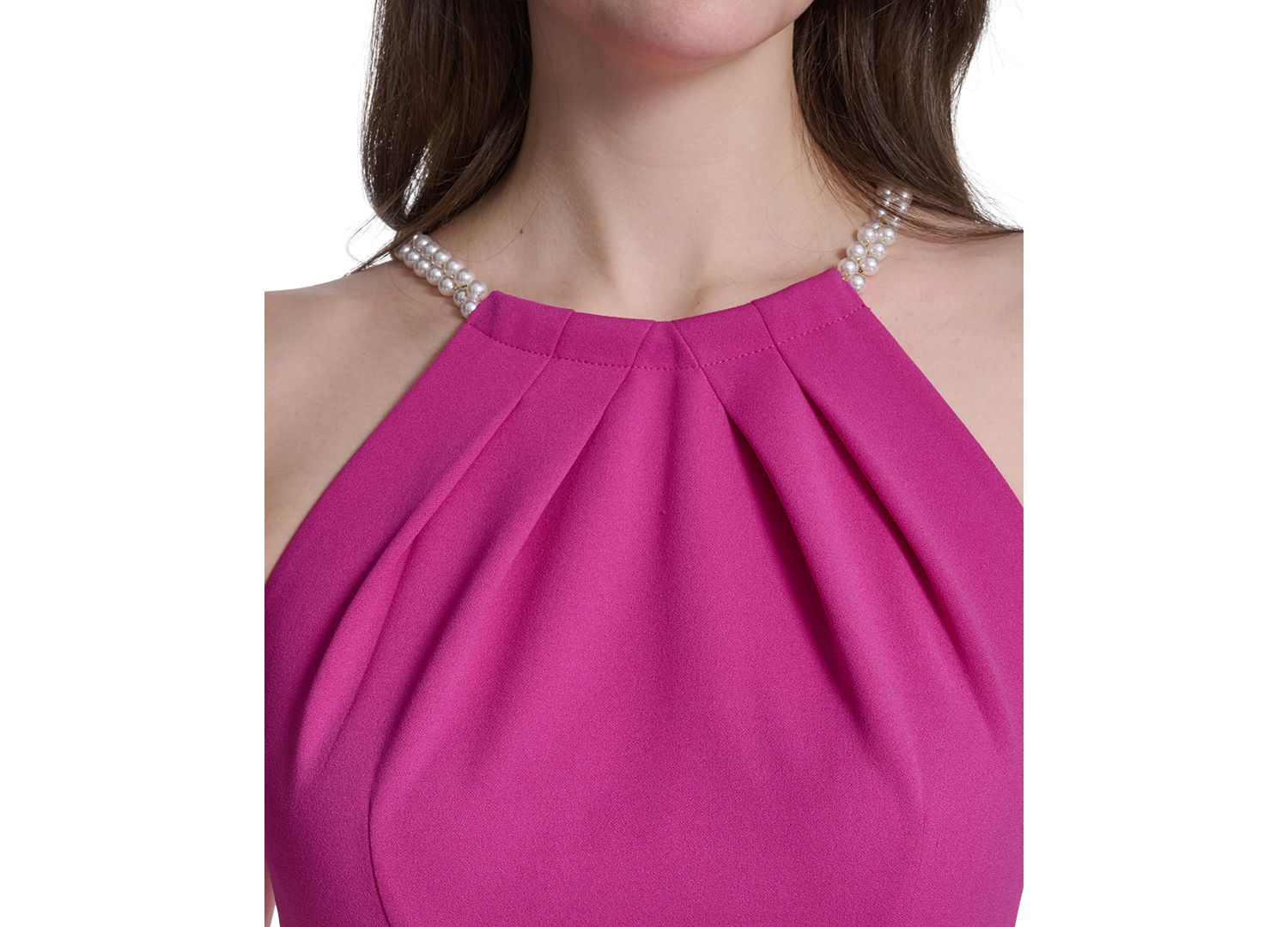 Petite Sleeveless Pleated Neck Trim Halter Dress