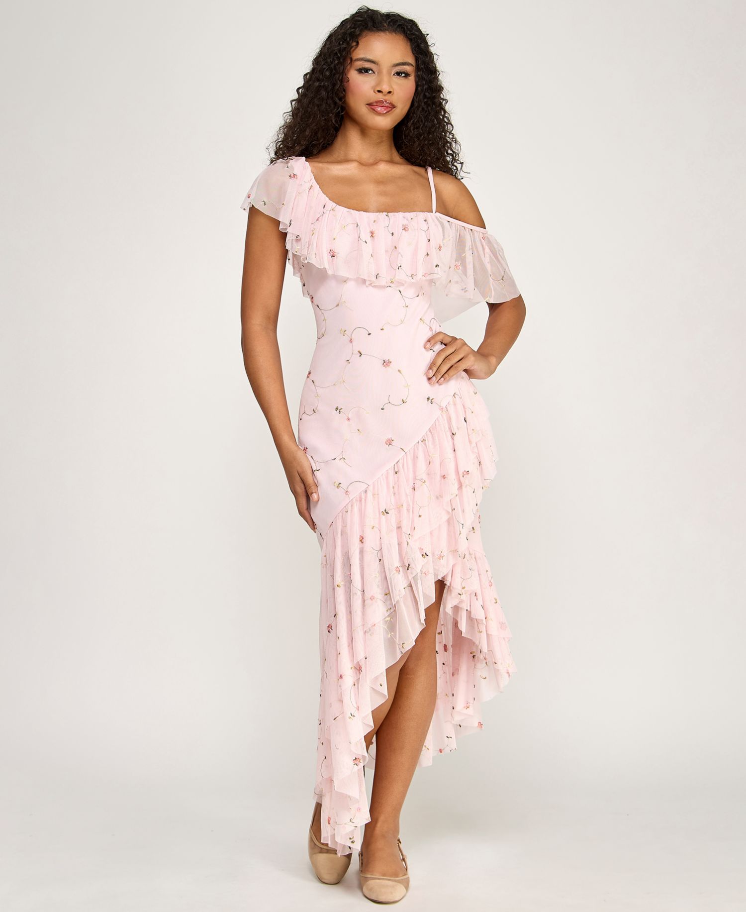 Juniors' Floral Embroidered Asymmetric Ruffle Hem Midi Dress
