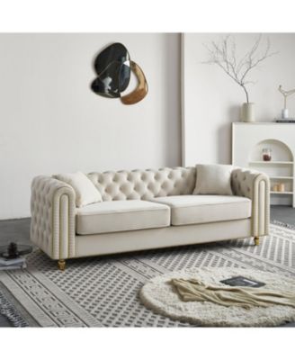 86" Beige Tufted Sofa with Toss Pillows