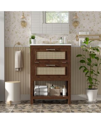 24 Inch Freestanding Bathroom Vanity with Ceramic Sink, Flip-Out Drawer & Modern Storage for Small Spaces