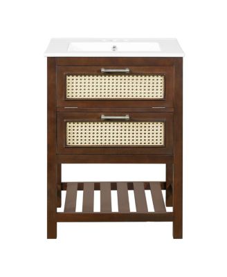 24 Inch Freestanding Bathroom Vanity with Ceramic Sink, Flip-Out Drawer & Modern Storage for Small Spaces