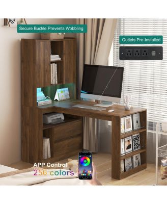 L-Shaped Desk with Drawers, LED Light, Bookshelf, Modern Corner Desk