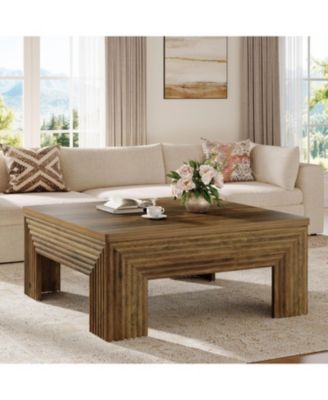 Square Coffee Table for Living Room, 39.4'' Large Wood Center Table with Unique Fluted Legs, Farmhouse Low Cocktail Tea Accent Table