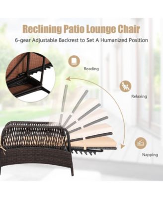 PE Rattan Chaise Lounge Chair Armrest Recliner Adjustable Pillow