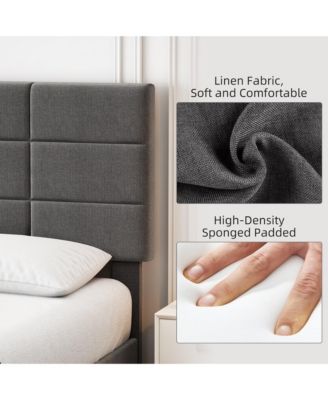 Full Bed Frame Adjustable Headboard Linen Upholstered Wood Slats No Box Spring Noise Free Minimalist