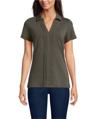 Women's Short Sleeve Lightweight Jersey Pintuck Open Collar Polo Top