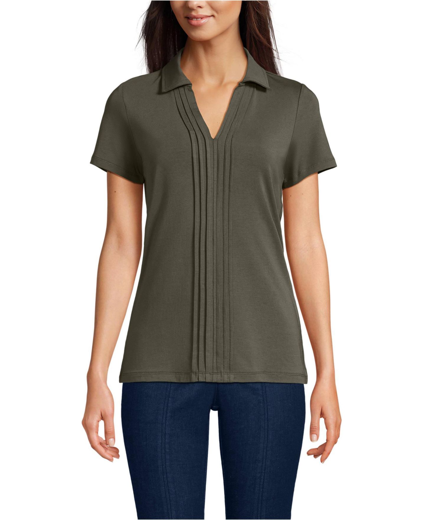 Женский топ Lands' End Short Sleeve Lightweight Jersey Pintuck Open Collar Polo, цвет: Тёмно-зелёный мох — фото 1