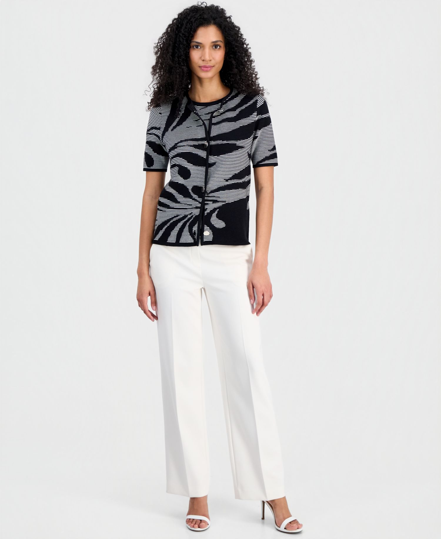 Women's Jacquard-Knit Short-Sleeve Cardigan Sweater
