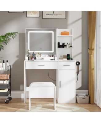 Makeup Vanity Table with LED Light Mirror, Charging Station, 2 Drawers and Storage Cabinet, Dressing Table Set with Stool for Bedroom
