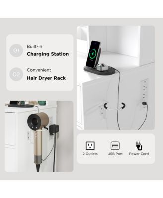 Makeup Vanity Table with LED Light Mirror, Charging Station, 2 Drawers and Storage Cabinet, Dressing Table Set with Stool for Bedroom