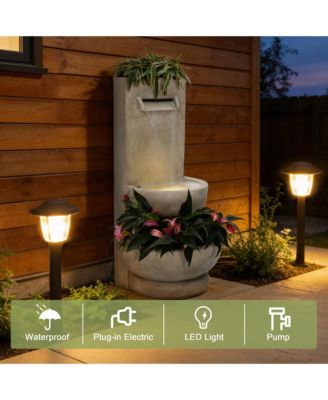 Tall Polyresin Fountain with Planter, Lighted Outdoor Water Feature