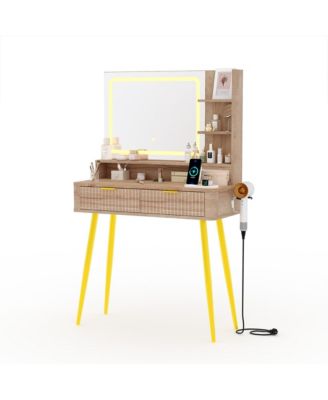 31" Mid-Century Modern Makeup Vanity Desk with Lighted Mirror, 2 Drawers and Cabinet