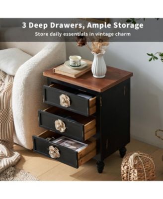 Streamdale Vintage Farmhouse End Table - Rustic Nightstand, 3 Drawers