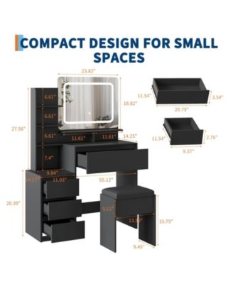 Makeup Vanity Set with Adjustable Lighted Mirror, 4 Drawers, Bench and Charging Station