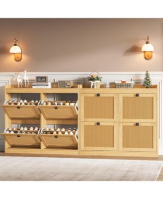 Shoe Cabinet Rattan with 4 Flip Drawers, Wooden Freestanding Shoe Organizer with Adjustable Shelves, Shoe Storage for Entryway, Closet