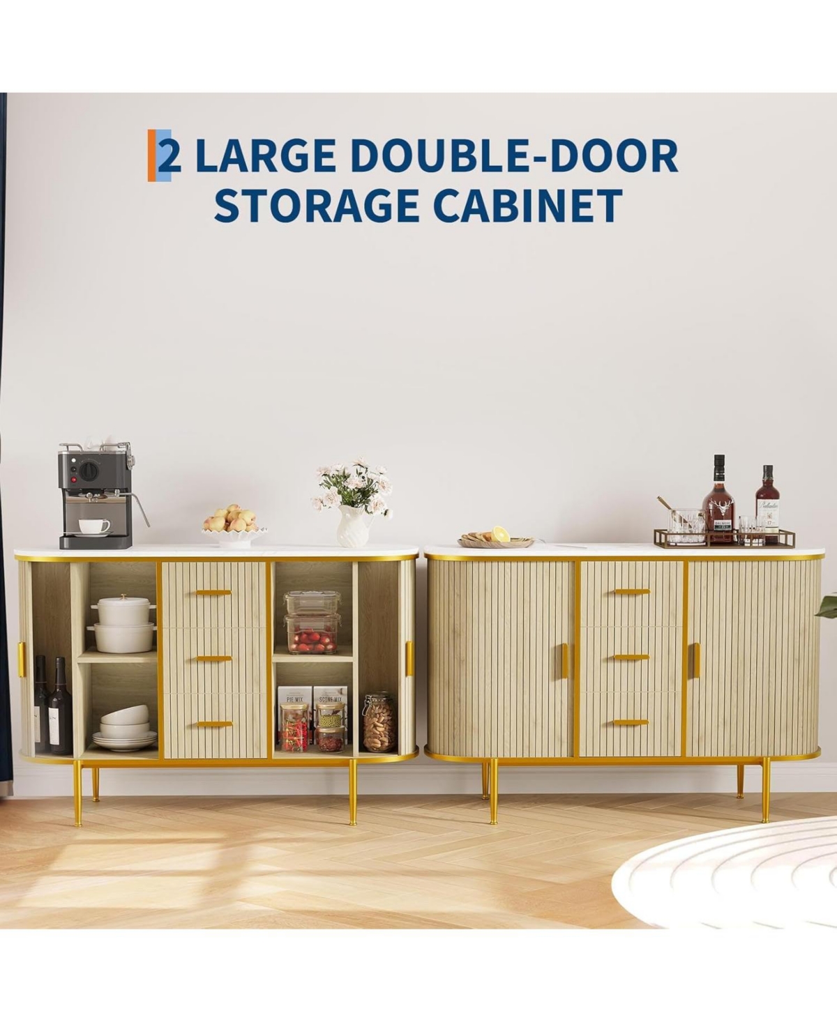 gaomon 50" Mid Century Fluted Buffet Cabinet, Modern Coffee Bar Console Table with Faux Marble Top & Curved Sliding Doors, Storage Accent Cabinet