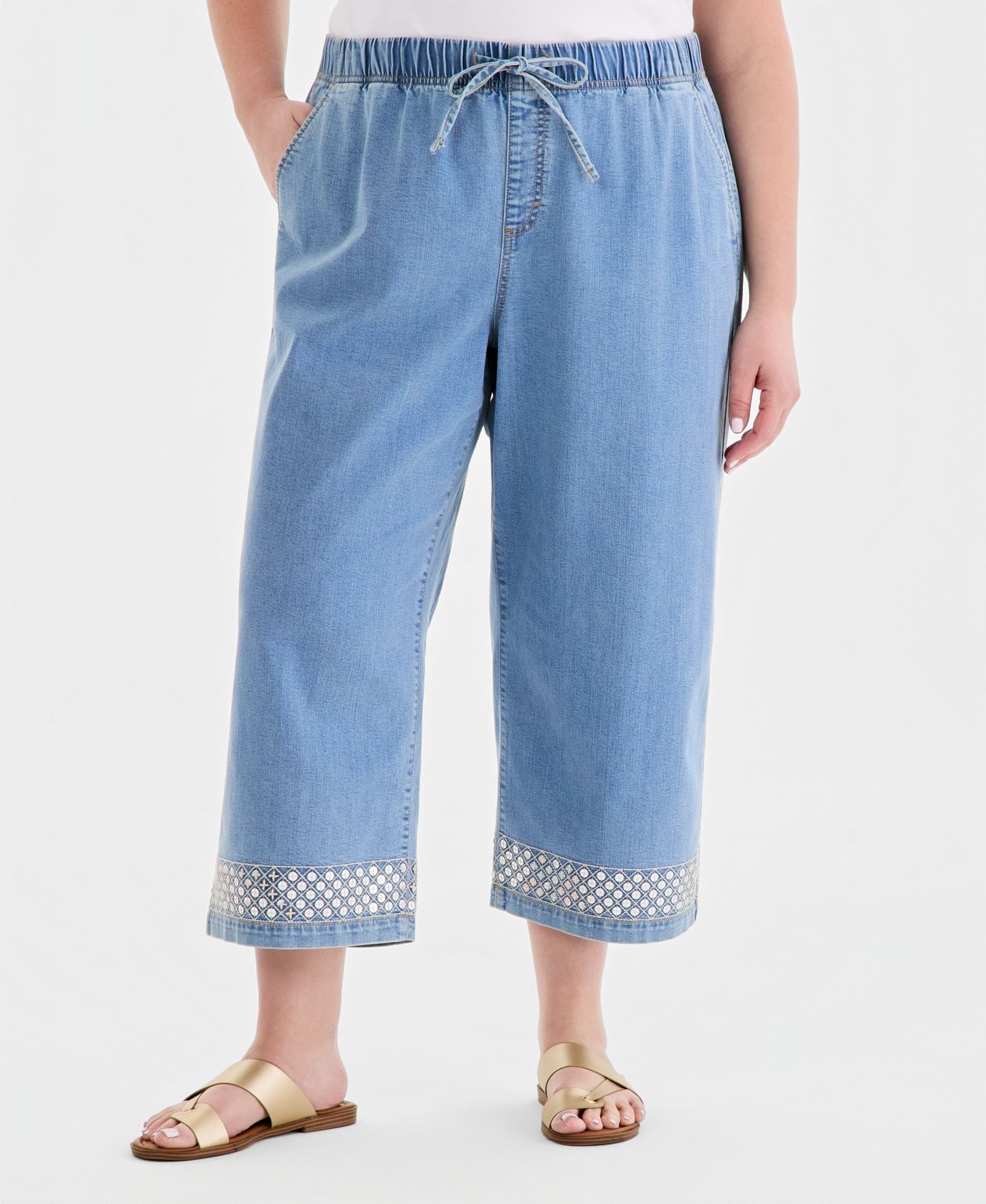 Женские джинсы Style & Co Plus Size Sequined Pull-On High-Rise Cropped Wide Leg, цвет: Варёный — фото 7