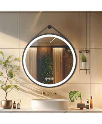 24" Black Circle Hanging Vanity Mirror for Wall with Leather Strap 3 Colors Dimmable for Bedroom Entryway