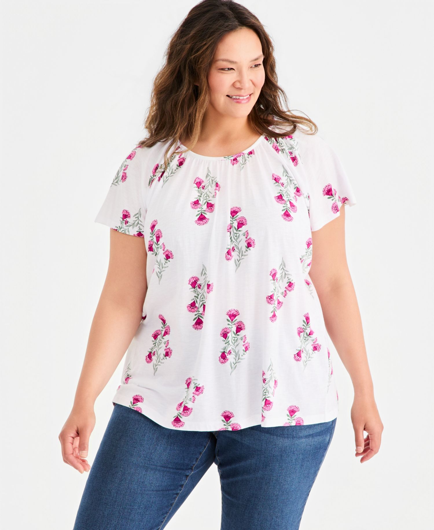 Plus Size Printed Scoop-Neck Flutter-Sleeve Top
