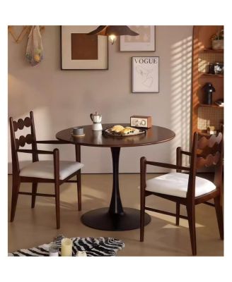 Walnut Round Dining Table, 31.5" Modern MDF & Steel Kitchen Table