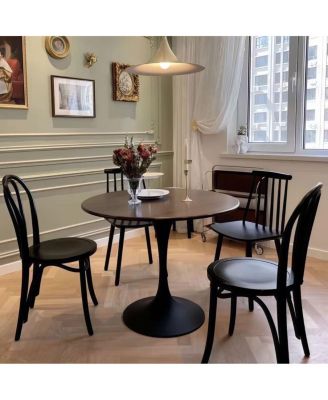 Walnut Round Dining Table, 31.5" Modern MDF & Steel Kitchen Table