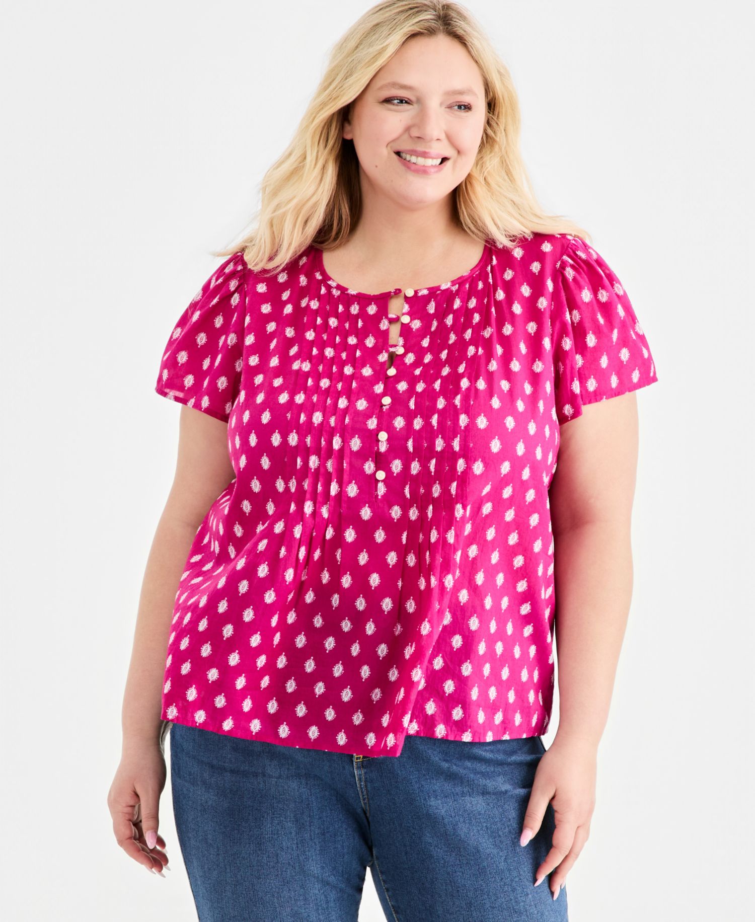 Petite Cotton Printed Flutter-Sleeve Top