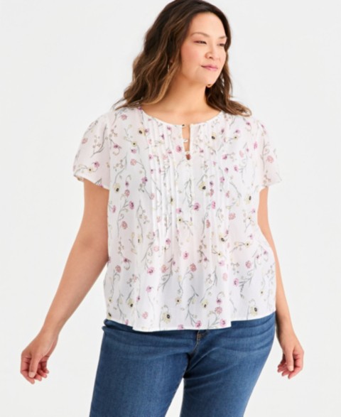 Женские Style & Co Plus Printed Cotton Pintuck Flutter-Sleeve Top