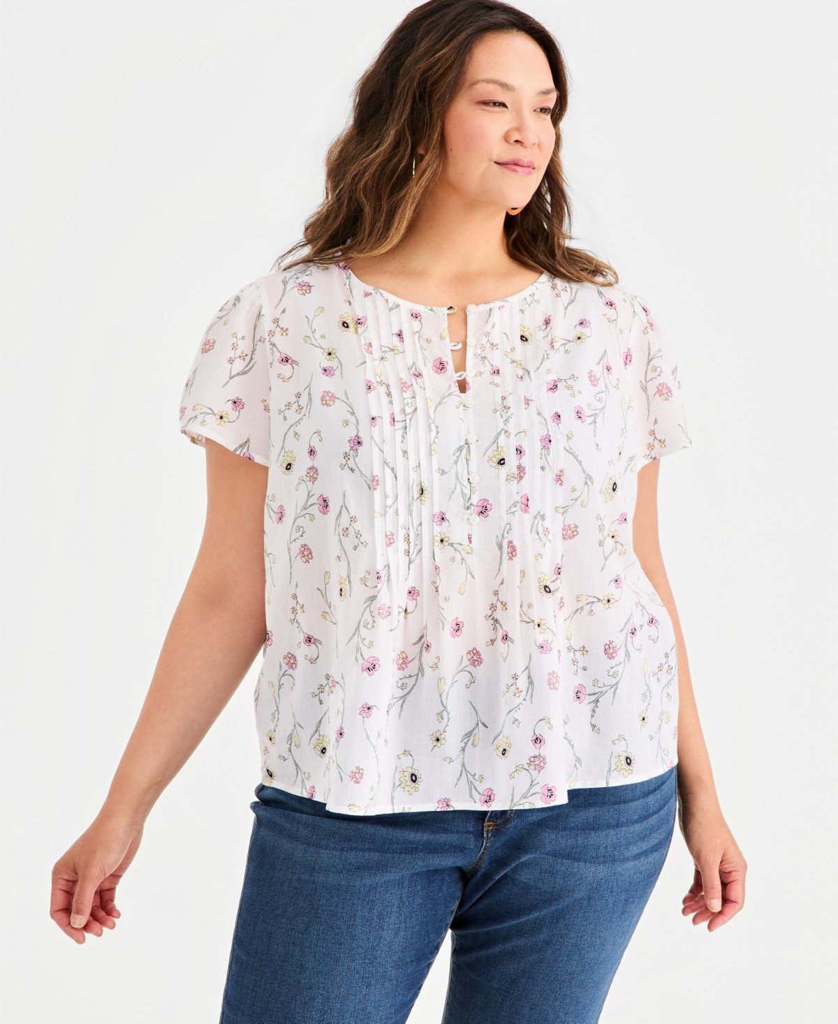Женские Style & Co Plus Printed Cotton Pintuck Flutter-Sleeve Top — фото 1