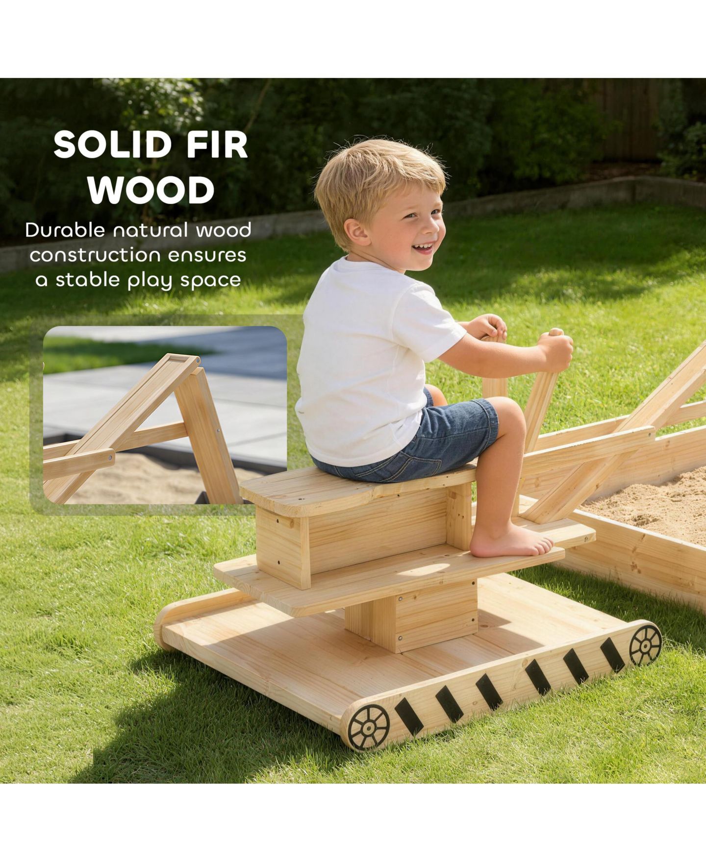 Детская игрушка Qaba Wooden Sandbox with Digger, 72.4"L x 35.4"W x 22"H, 360-Degree Rotating Seat, 110 lbs Capacity, Ages 3-6, цвет: Натуральный — фото 5
