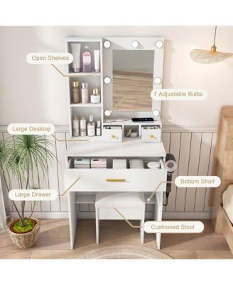 Dressing Table Set with Stool - Mini Makeup Vanity Desk with LED Lighted Mirror, Power Outlet and Hairdryer Holder for Bedroom