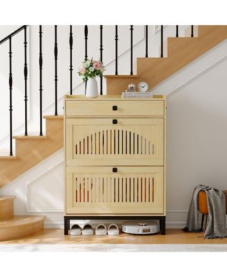 Shoe Storage Cabinet with 2 Flip Drawer, Shoes Organizer with with Top Drawer，Hollow Out Panel And Square Handles
