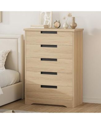 5 Drawer Dresser for Bedroom, Natural Chest of Drawers with Embedded Handles