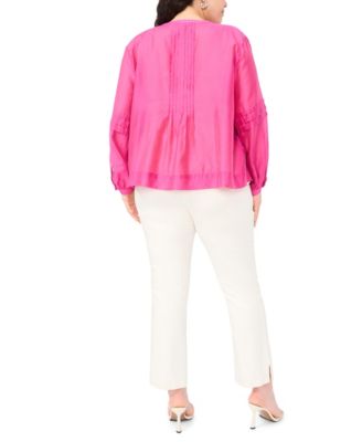 Plus Size Stand Collar Front Shoulder Pleats Button-Down Top