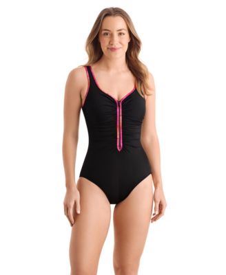 Women's Sport Shirred Zipper One-Piece Swimsuit
