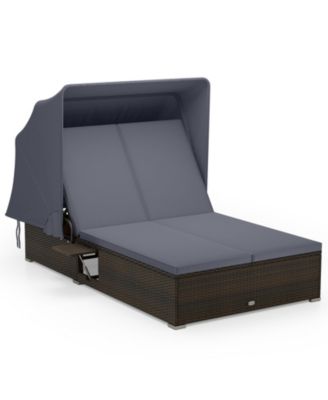 2-person Rattan Lounge Bed w/ Retractable Canopy 5-position Adjustable Backrest