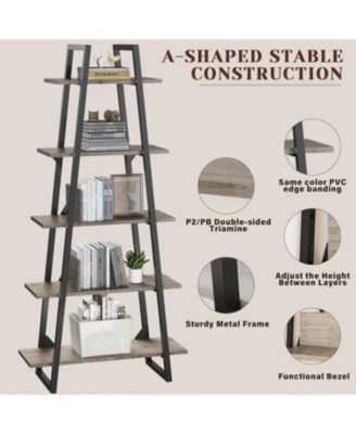 72" A-Shape Ladder Bookcase, 5-Tier Metal Frame Shelf with Adjustable Wood Shelves
