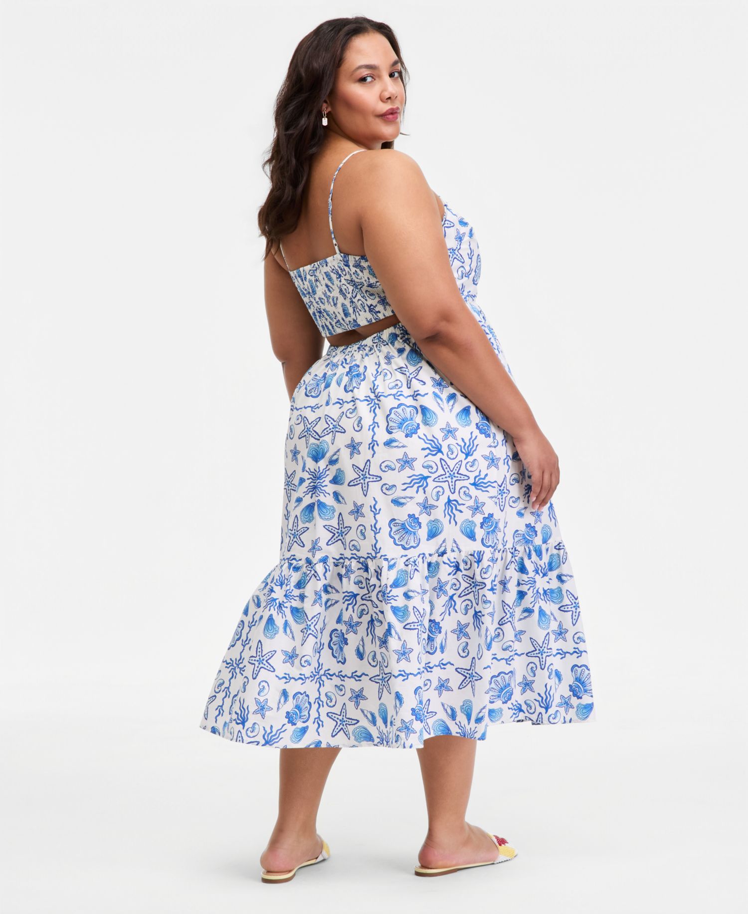 Plus Cotton Poplin Back-Cutout Tiered Midi Dress