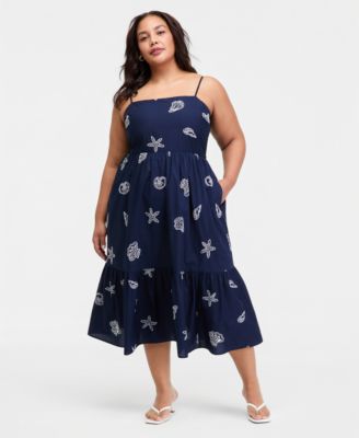 Trendy Plus Size Cotton Seashell-Embroidered Dress