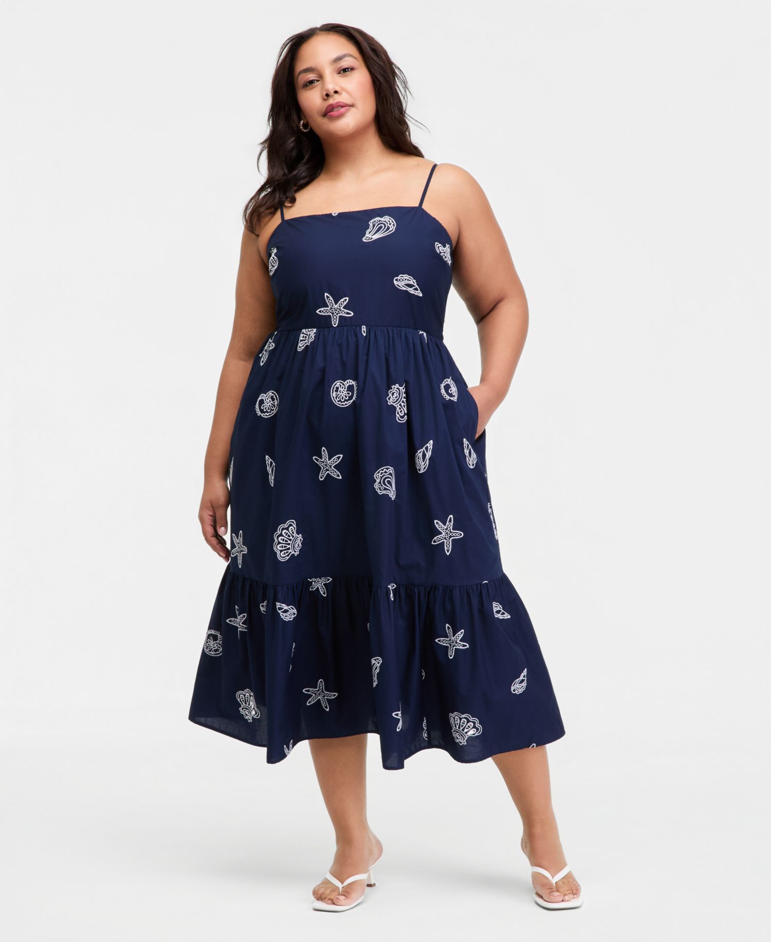 Plus Cotton Back-Cutout Tiered Midi Dress