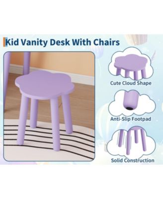 Kids Wooden Vanity Table and Chair Set with Touch Control Lighted Mirror and Drawers
