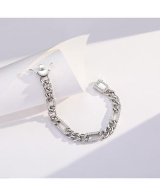 Sterling Silver White Gold Plated Cubic Zirconia Paper Clip Curb Chain Bracelet