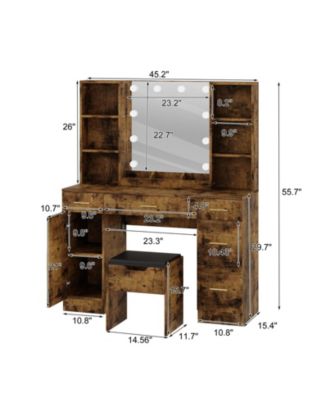 Farmhouse Makeup Vanity Set with Lighted Mirror, Shelves and Charging Station