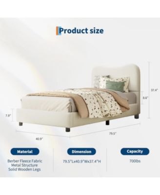 Twin Platform Bed Metal Frame Wooden Slats Sherpa Fabric Upholstered Headboard No Box Spring Noise Free