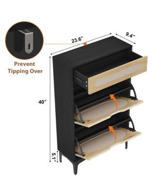 Rattan Shoe Cabinet with 2 Flip Drawers and 1 Pull-Out Drawer, Free Stand Shoe Storage Cabinet, 3 Adjustable Shelf, Narrow Shoe Cabinet